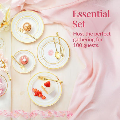 Conjunto de Louça Descartável para Festa Prestee com 600 Peças para 100 Convidados, Talheres Dourados Descartáveis com Pratos, Copos, Facas, Garfos e Colheres