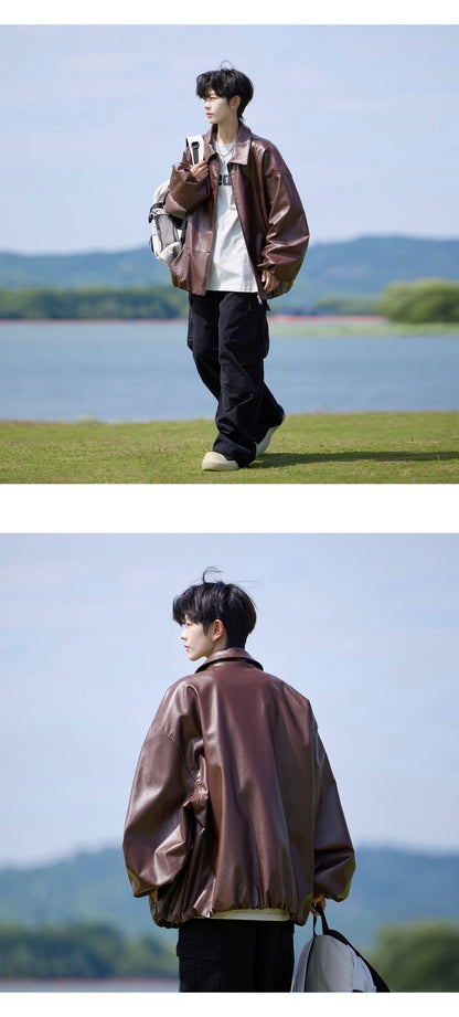 Trend Men's Faux Leather Jacket Autumn Winter Fashionable Solid Color Standing collar PU Leather Biker Jacket Handsome Men Coat