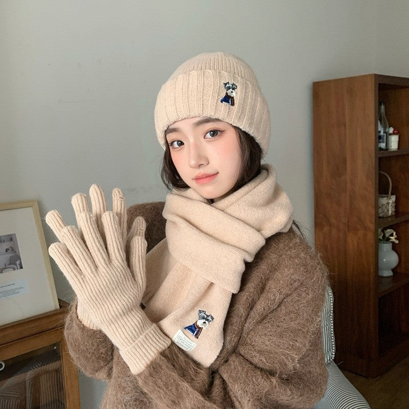 Embroidered Puppy Knitted Hat Scarf Gloves Three-Piece Set for Women Winter Warmth Earflap Beanie