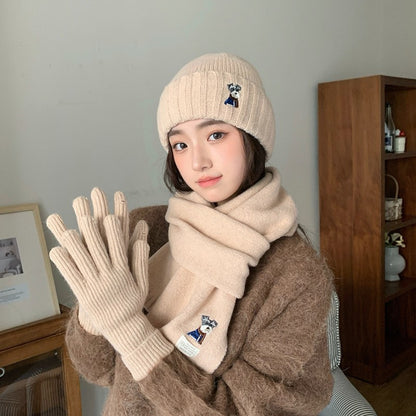 Embroidered Puppy Knitted Hat Scarf Gloves Three-Piece Set for Women Winter Warmth Earflap Beanie