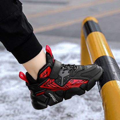 Winter Children's Fashion Sports Shoes Leather Boys' Running Sneakers Flat Casual Walking Shoes Warm Lightweight Outdoor Boots