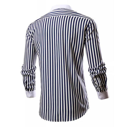 Men's White Vertical Stripe Long Sleeve Shirts, Single Breasted Lapel Shirt, Blue Gray Red Khaki Available, European Size S-XXL