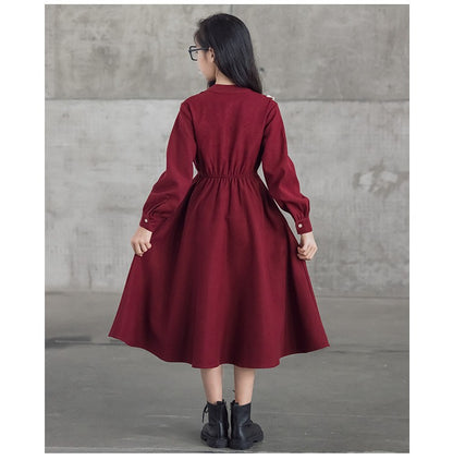 Girls' Dress New Style For  Children Stand Collar Waist-Cinching Slimming Mid-Length Dress Long Sleeve For Kids 5-12Y