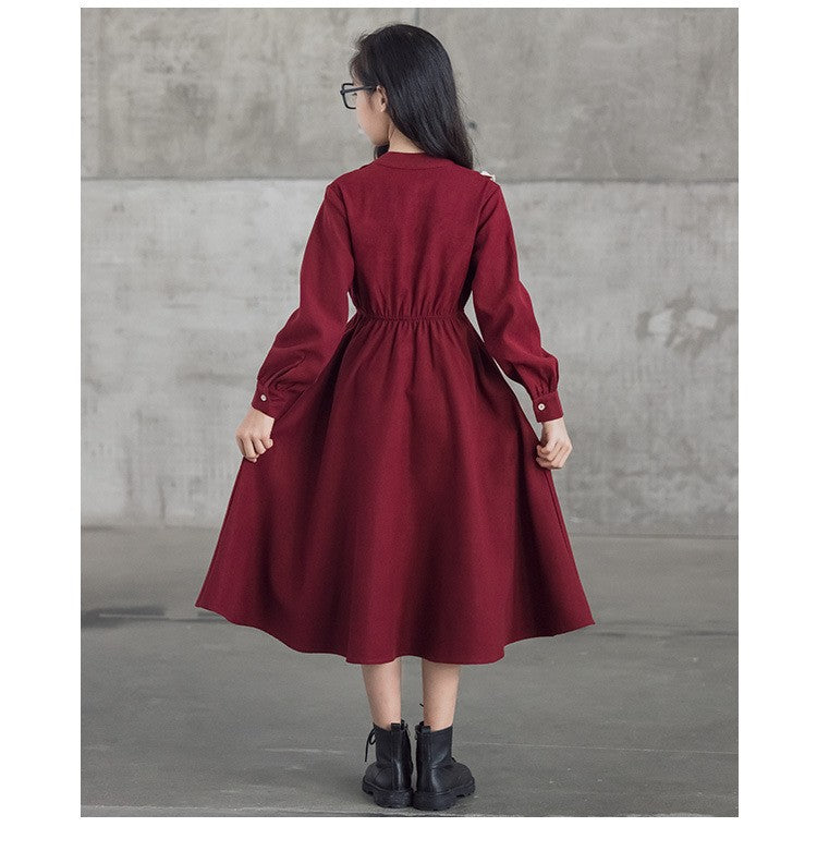 Girls' Dress New Style For  Children Stand Collar Waist-Cinching Slimming Mid-Length Dress Long Sleeve For Kids 5-12Y