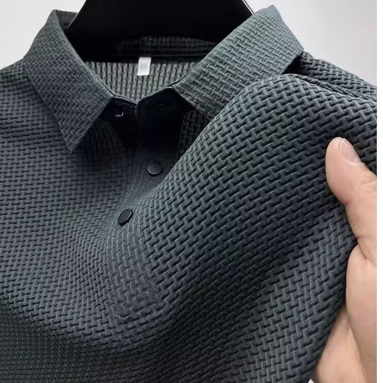 Summer New Men's Lop-up Hollow Short-sleeved Polo Tee Shirt Ice Silk Breathable Business Fashion T-Shirt Male Brand Clothes