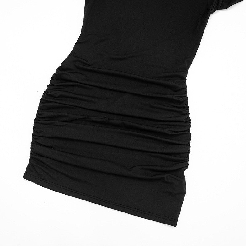 Women Flared-Sleeve Bodycon Pleated Dresses Fashion O-Neck Solid High-Waisted Slim Party Dress Evening Female Mini Dress 2025