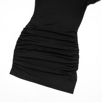 Women Flared-Sleeve Bodycon Pleated Dresses Fashion O-Neck Solid High-Waisted Slim Party Dress Evening Female Mini Dress 2025