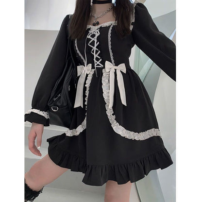 Harajuku Sweet Bow Black Plaid Dresses All-match Slim Fit Kawaii Lolita Dress fo