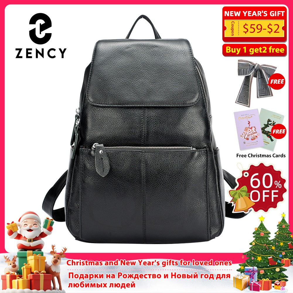 Zency Mochila Feminina Elegante Preta Branca Couro Genuíno Qualidade A++ Antifurto Grande Capacidade Mochila de Viagem Designer