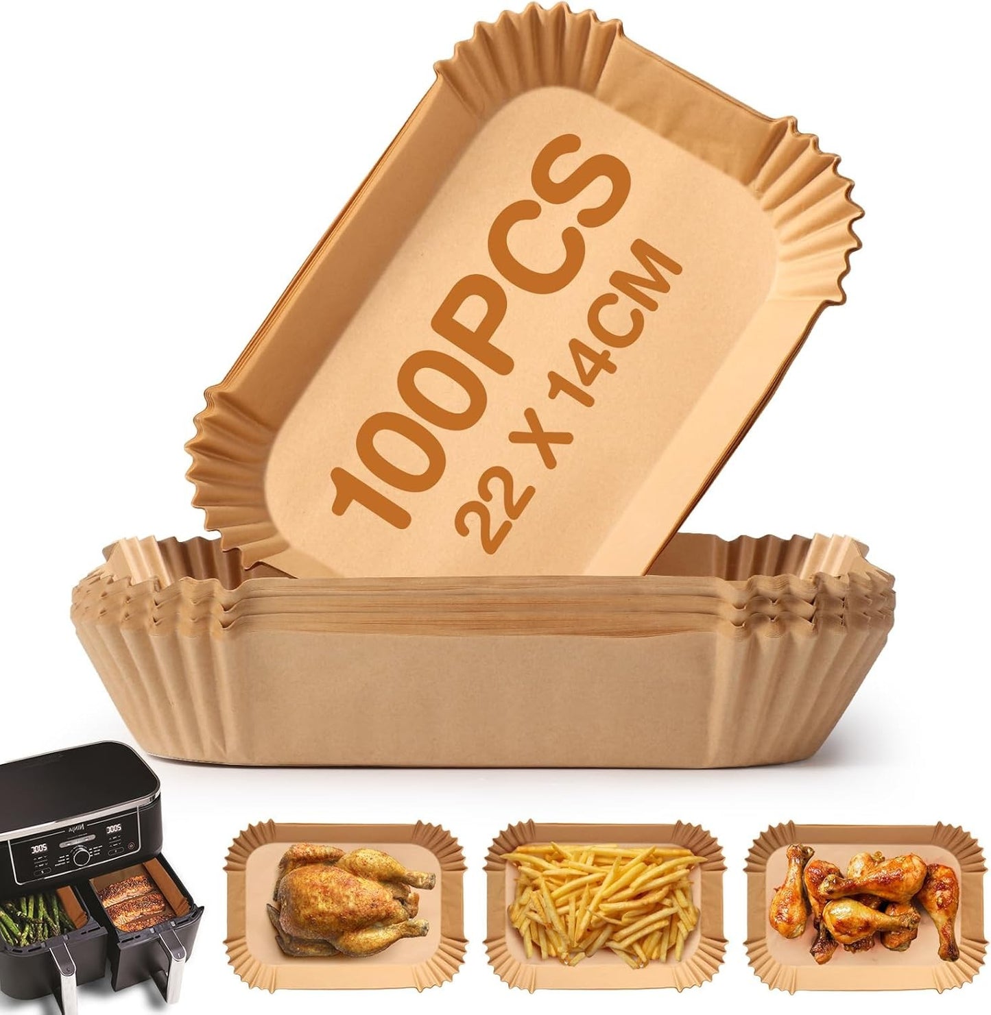 Papel para Fritadeira de Ar de Zona Dupla, 100un 22x14 cm, Papel Antiaderente Descartável para Fritadeira de Ar Cecotec/Masterpro/Ninja AF300EU/AF400EU