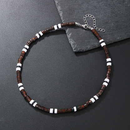 Colar Masculino Artesanal de Contas de Madeira e Argila Colar Fashion Vintage Africano de Contas Brancas para Homens Colar de Surfista de Praia Joias Tribais