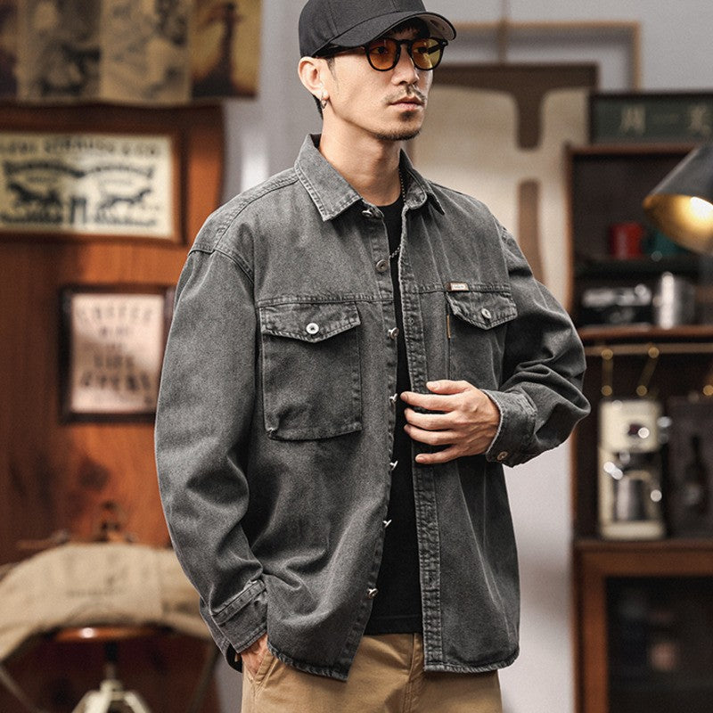 Men's Heavyweight Washed Salt-Faded Long Sleeve Denim Shirt Japanese Retro Loose Cargo Shirt Jackets Chest Pocket Man Outwear