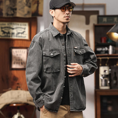 Men's Heavyweight Washed Salt-Faded Long Sleeve Denim Shirt Japanese Retro Loose Cargo Shirt Jackets Chest Pocket Man Outwear