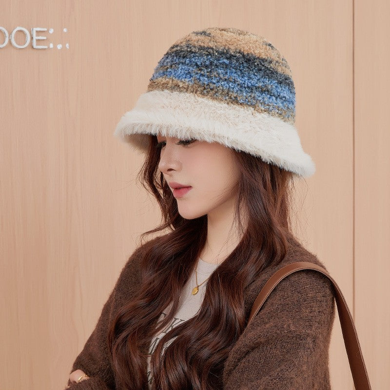 New Warm Luxury Bucket Hat For Women Plush Patchwork Autumn Winter Wool Felt Stripe Large Bucket Hat Colorful Faux Fur Hat Cap