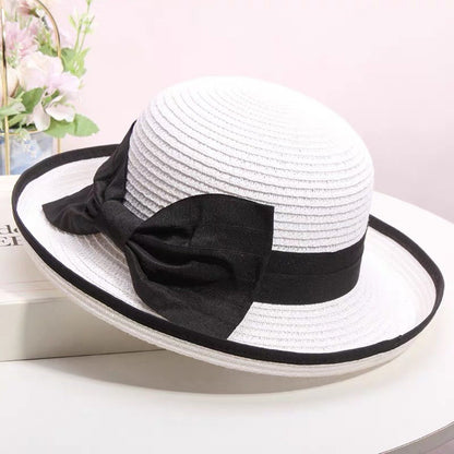 Chapéu de palha feminino de verão, edição coreana, com aba enrolada, elegante, com laço, chapéu de pesca para viagem, proteção solar e sombreamento, chapéu de praia