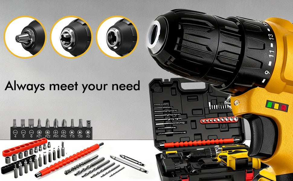 Furadeira Parafusadeira a Bateria 48V - 25+3 Níveis de Torque, Motor Brushless, 1500RPM, 2 Baterias, Luz LED, Conjunto Completo de Furadeira e