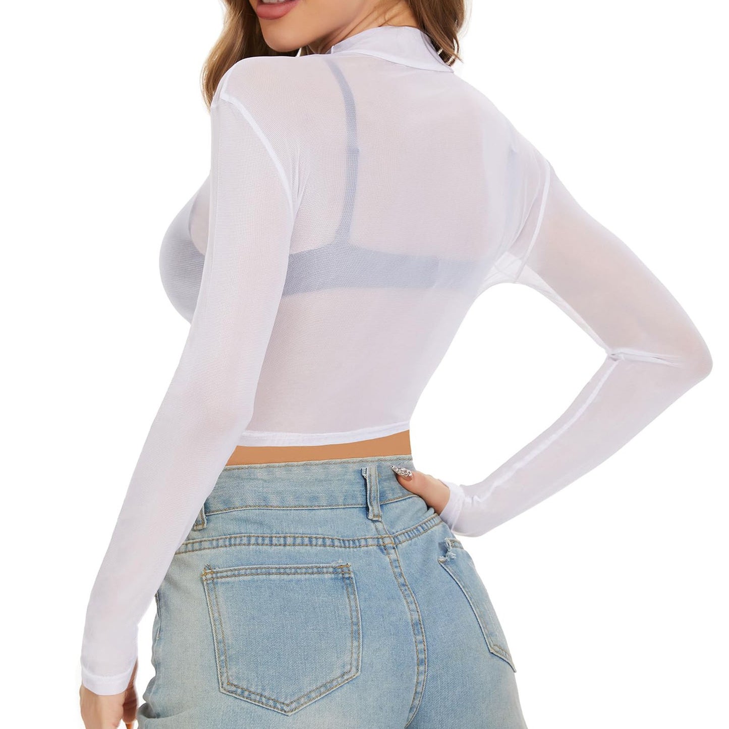 Sexy Women Crop Top See Through Mesh Tops Long Sleeve Sheer Slim Fit T Shirts Ladies Stretchy Transparent Bottomed Blouses