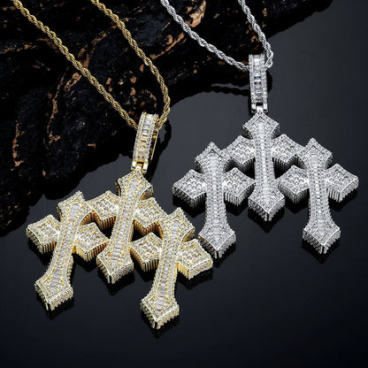 High Quality 3Inch Mens Hip Hop Cross Pendant New Release Iced out Triple Cross with Stone Charm Necklace Made Brass