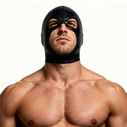 Men Cosplay Wet-Look Hood Head Mask Faux Leather Face Mask Black 3 Holes Cover CS Carnival Role Play Halloween Masks
