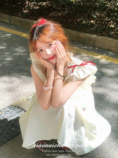 Snow White Babydoll Dress Flutter Sleeve Cherry Embroidery Women Summer Lolita Fashion Sweetheart Aesthetic Petite Fit