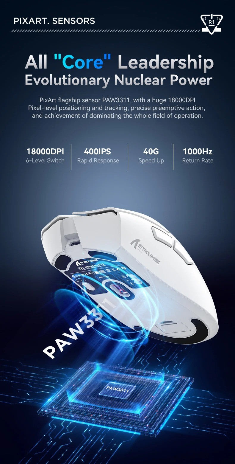 Mouse Bluetooth Attack Shark R1 e Grip Tape, Mouse Viral Avaliado por Influenciadores PAW3311 1K HZ Mouse Gamer com Macro para pad/pc