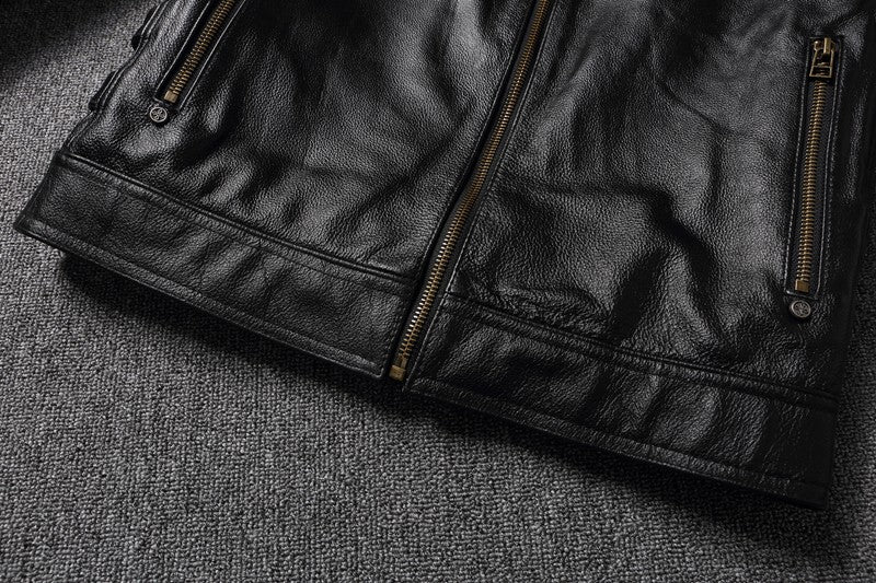 Men's Spring Original Leather Motorcycle Jacket 2025 Skull Embroidery Top Layer Cowhide Clothing Slim Fit Black Slim Male Coat