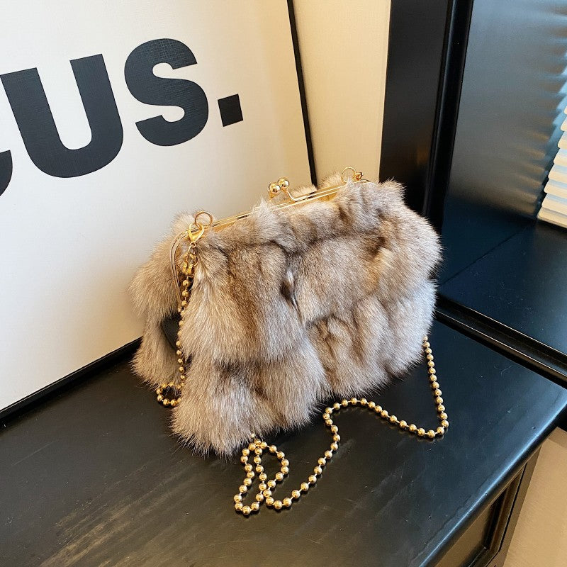 MOODS Soft Plush Evening Bags For Elegant Women Fox Fur Dinner Party Clutch Chain Crossbody Winter Warm Luxury Designer Handbags
