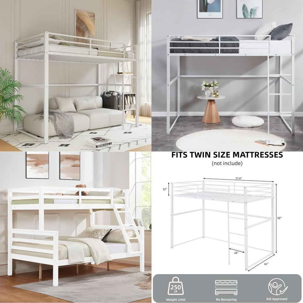 Cama Loft de Metal de Solteiro com Grades de Segurança e Escada Plana, Adequada para Crianças, Adolescentes e Adultos, Branca