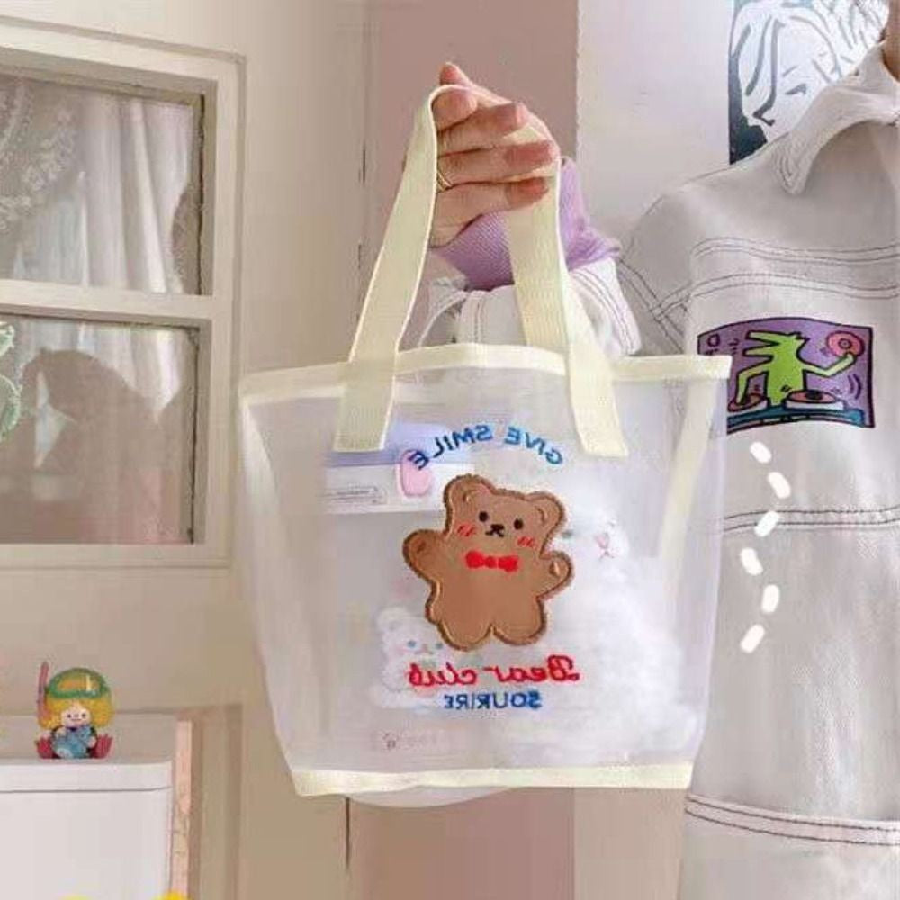 INS Cute Bear Cosmetic Bag Women Fashion Handbag Transparent Mesh Makeup Case Summer Convenient Swimming Outdoor Beach Bag