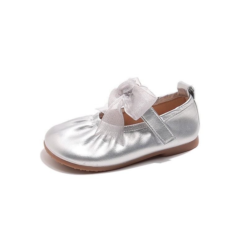 Baby Girl Princess Shoes Shine Surface Korean Style Lace Bow Casual Flats Non-Slip Toddler Kid Wedding Party Adorable Baby Shoes