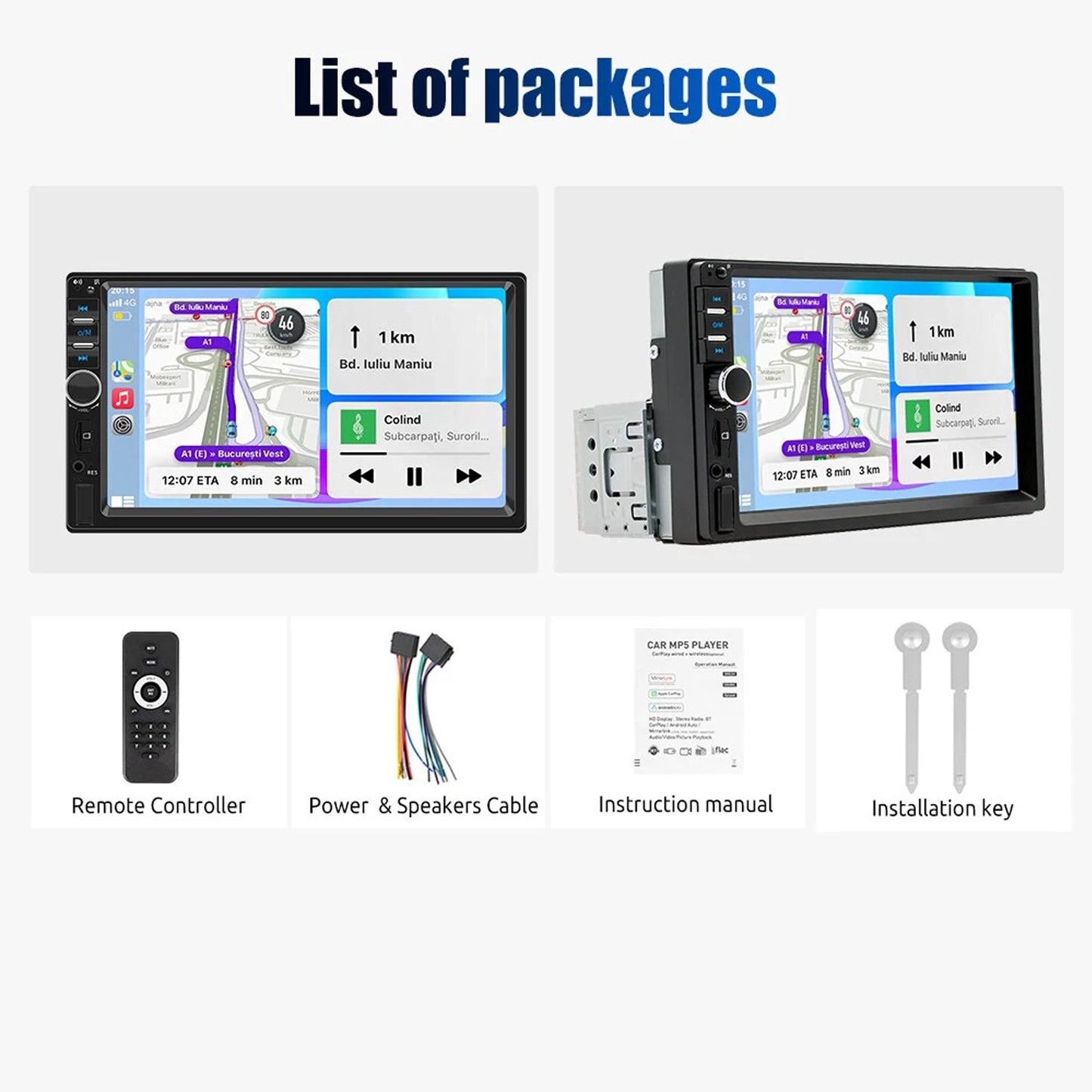 7 Inch 1 Din MP5 CarPlay Car Radio Multimedia Player Touch Screen FM ISO Power Aux Input Bluetooth USB Mirror Link Universal