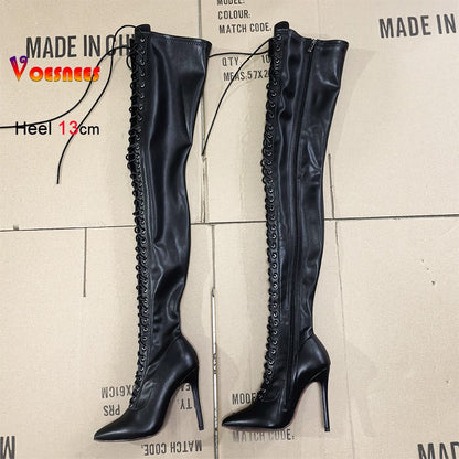 13CM Thin Heel Black Lace-up Over the knee Boots Woman Fetish Pointy Toe Boots Elastic Leather Thigh High Sexy Women Party Shoes