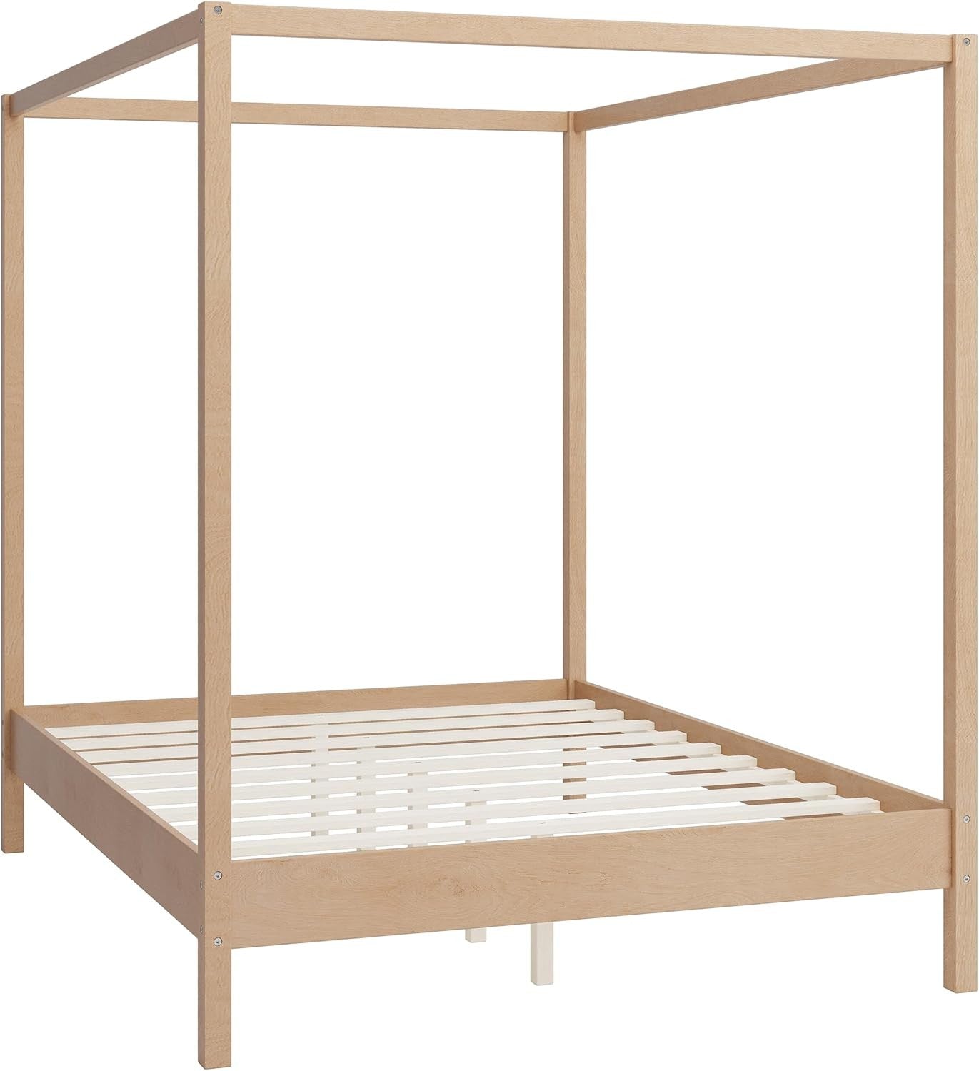 Estrutura de Cama Queen Size com Dossel, Cama Plataforma com Quatro Colunas e Suporte de Ripas, Madeira Maciça de Pinus e Engenheirada, Sem Necessidade de Box Spring N