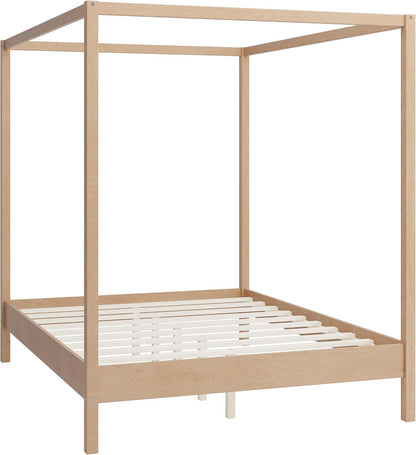 Estrutura de Cama Queen Size com Dossel, Cama Plataforma com Quatro Colunas e Suporte de Ripas, Madeira Maciça de Pinus e Engenheirada, Sem Necessidade de Box Spring N