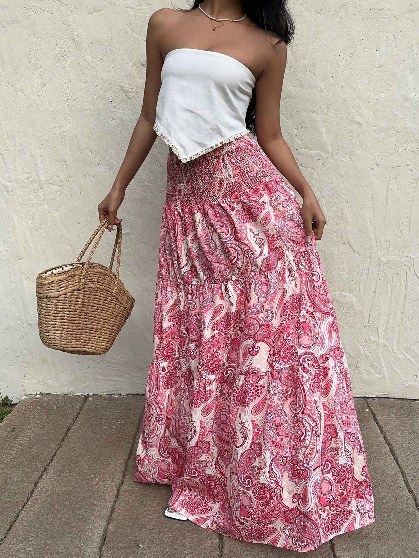 Vacation Style Stretchy Waist Long Maxi Skirt - Flowy Beach Skirt with Elastic Waistband