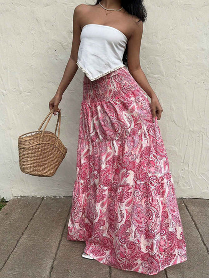 Vacation Style Stretchy Waist Long Maxi Skirt - Flowy Beach Skirt with Elastic Waistband