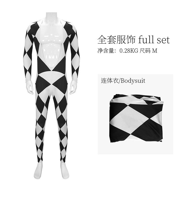 Freddie Mercury - Queen Harlequin Cosplay Costume Unitard Black and White Diamond Bodysuit with attached feet for Men