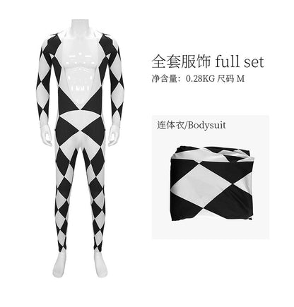 Freddie Mercury - Queen Harlequin Cosplay Costume Unitard Black and White Diamond Bodysuit with attached feet for Men
