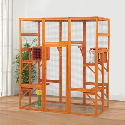 Orange Large Indoor Cat Condo with Perch, Play Area, 7 Platforms, 2 Boxes, Waterproof Roof, Safety Lock, 62.4L x 32.4W x 70H