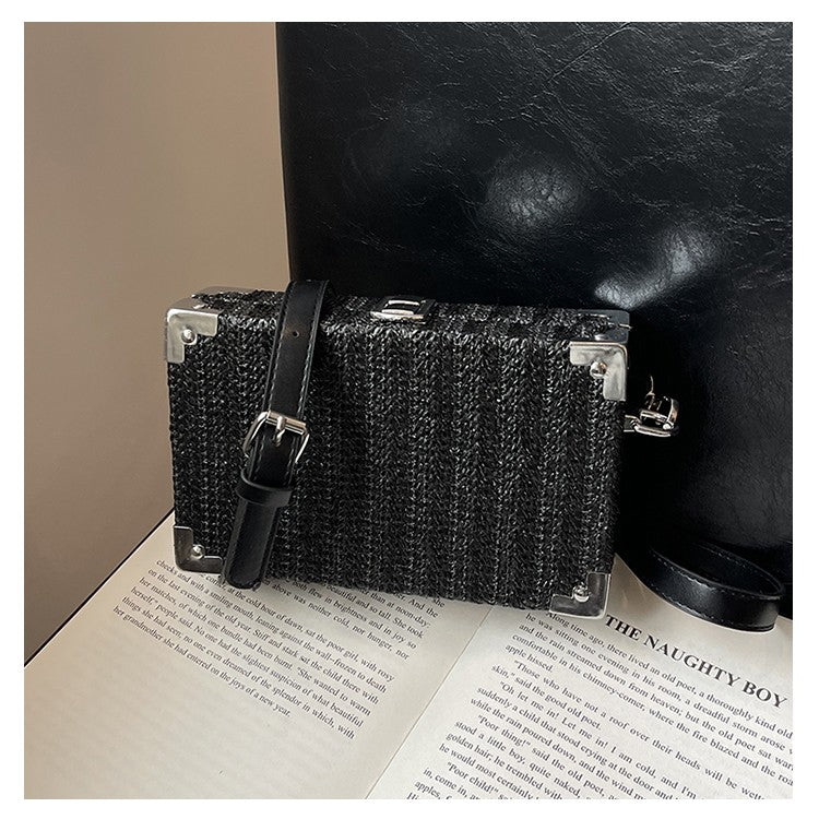 Couple's Sling Bag Straw Weaving with Corner Metal Decoration Boxy Shape Doctor Bag for Date Back to School Party Shoulder Bag