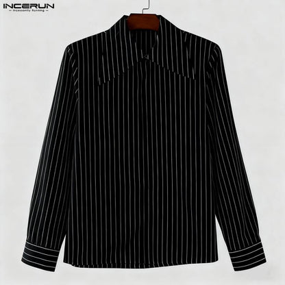 INCERUN Men Striped Shirt Lapel Long Sleeve Loose Casual Men Clothing Streetwear 2025 Korean Style Fashion Male Shirts Tops