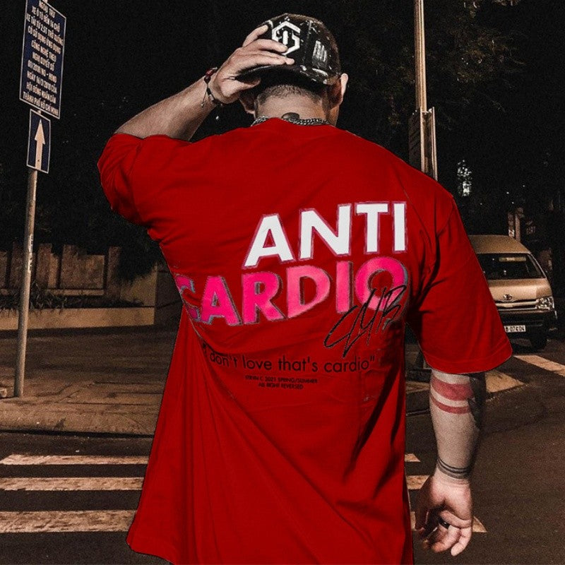 summer ANTI CARDIO Oversized sports t shirt short sleeves cotton t shirt Gym Fitness Male Training Workout Cotton Tees Tops