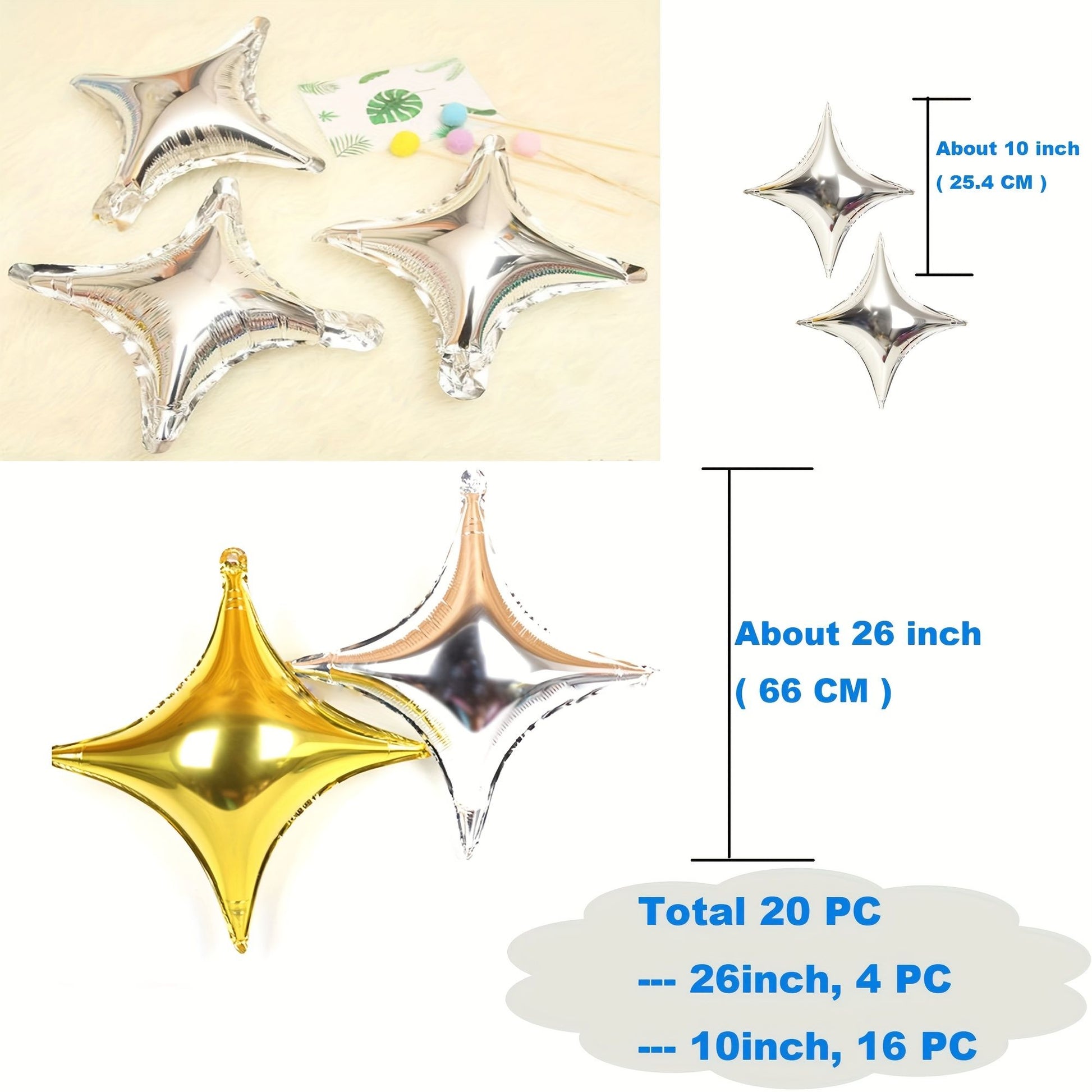 20-Pack of Silver Four-Pointed Star Balloons, Party Foil Balloons, 4 Silver Four-Pointed Star Balloons and 16 Silver 10inch Four-Pointed Star Balloons, Suitable for Birthday Parties, Theme Party Decorations