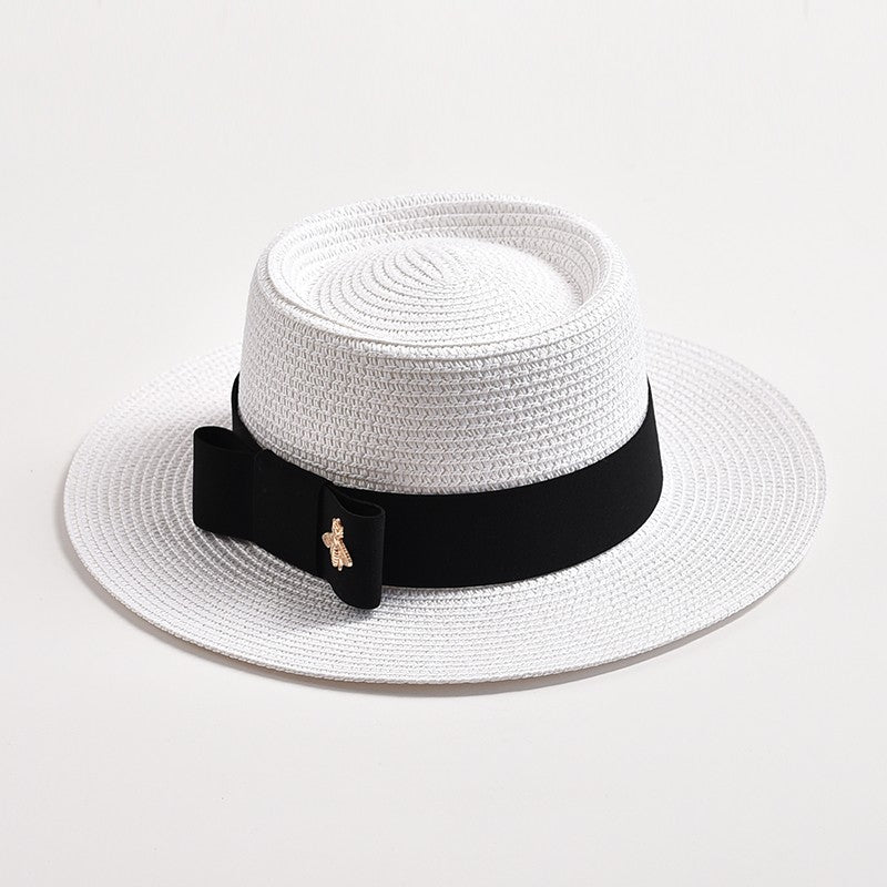 Novos Chapéus de Palha Primavera Verão Femininos de Superfície Ondulada, Topo Reto, Laço, Boné de Vestido, Chapéu de Sol para Viagem e Praia, Gorra