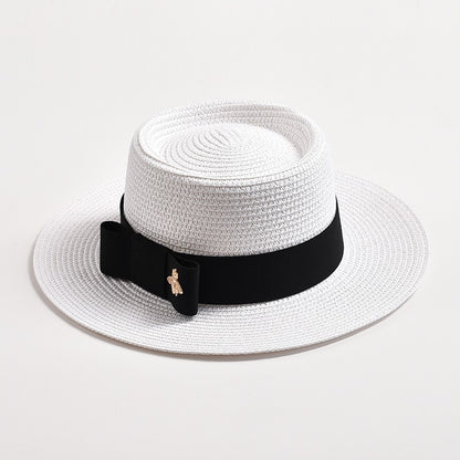 Novos Chapéus de Palha Primavera Verão Femininos de Superfície Ondulada, Topo Reto, Laço, Boné de Vestido, Chapéu de Sol para Viagem e Praia, Gorra