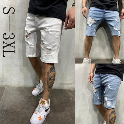 2024 Ripped tassel denim shorts New  Summer Men's Personalized Washable Perforated Denim Pants Large Casual Middle Pants