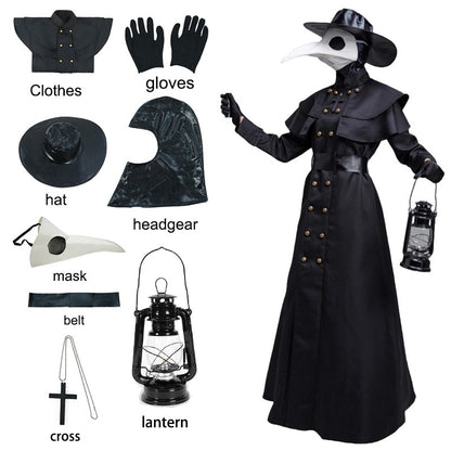 Plague Doctor Bird Cosplay Costume Medieval Hooded Robe Horrord Monk Steampunk Cloak Halloween Carnival Adult Kids Lantern Stick