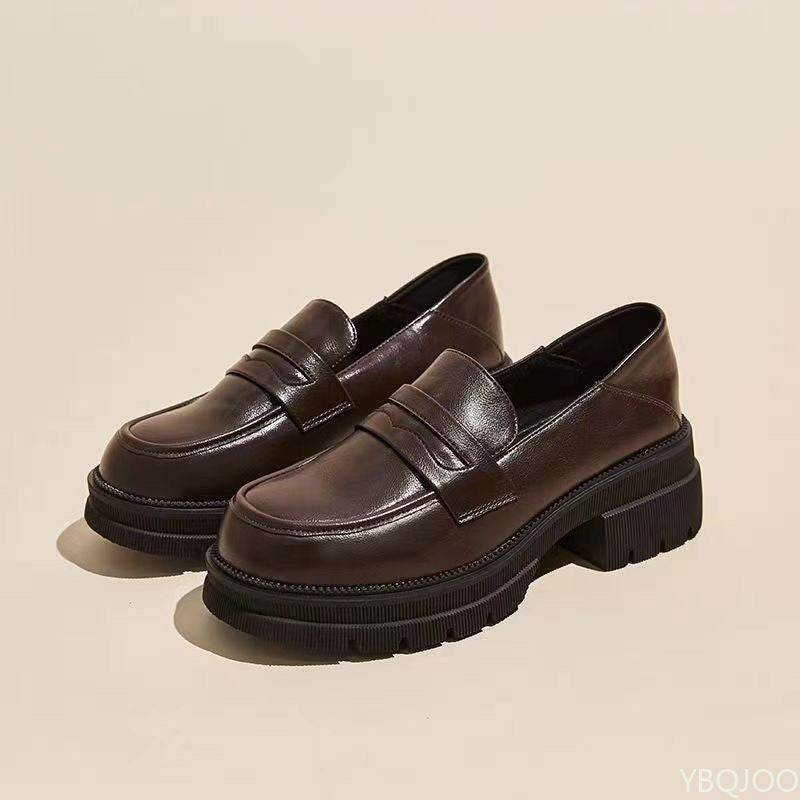 Sapatos Casuais Femininos de Couro Moda Saltos Grossos Cor Sólida Respirável Mocassins Confortáveis Saltos Altos Femininos Zapatos