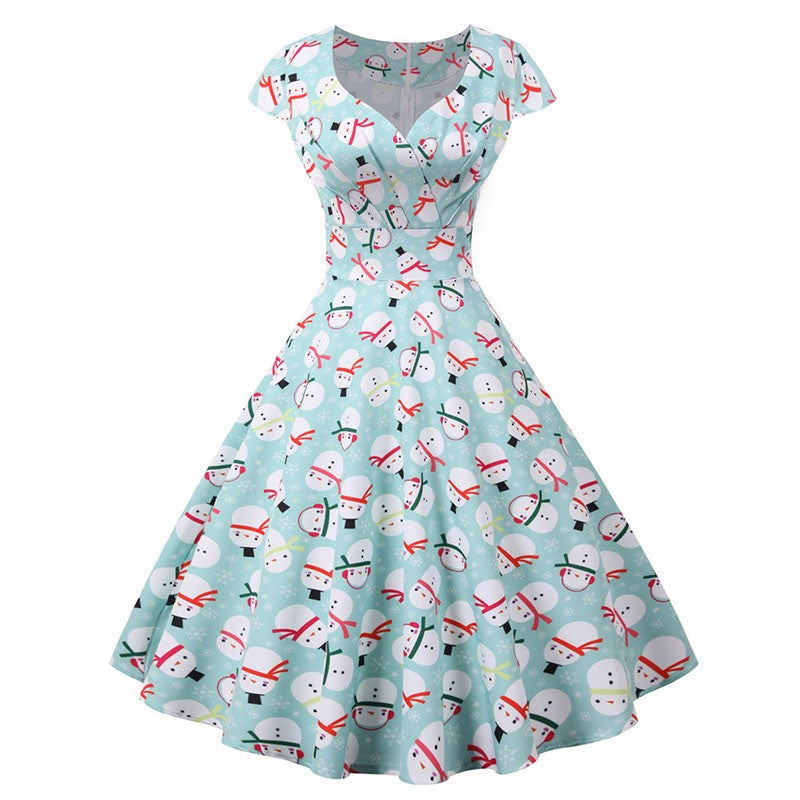 Fashion V-neck Short Sleeve Printed Christmas Dress Large Swing Vintage Elegant Xmas Party Dress