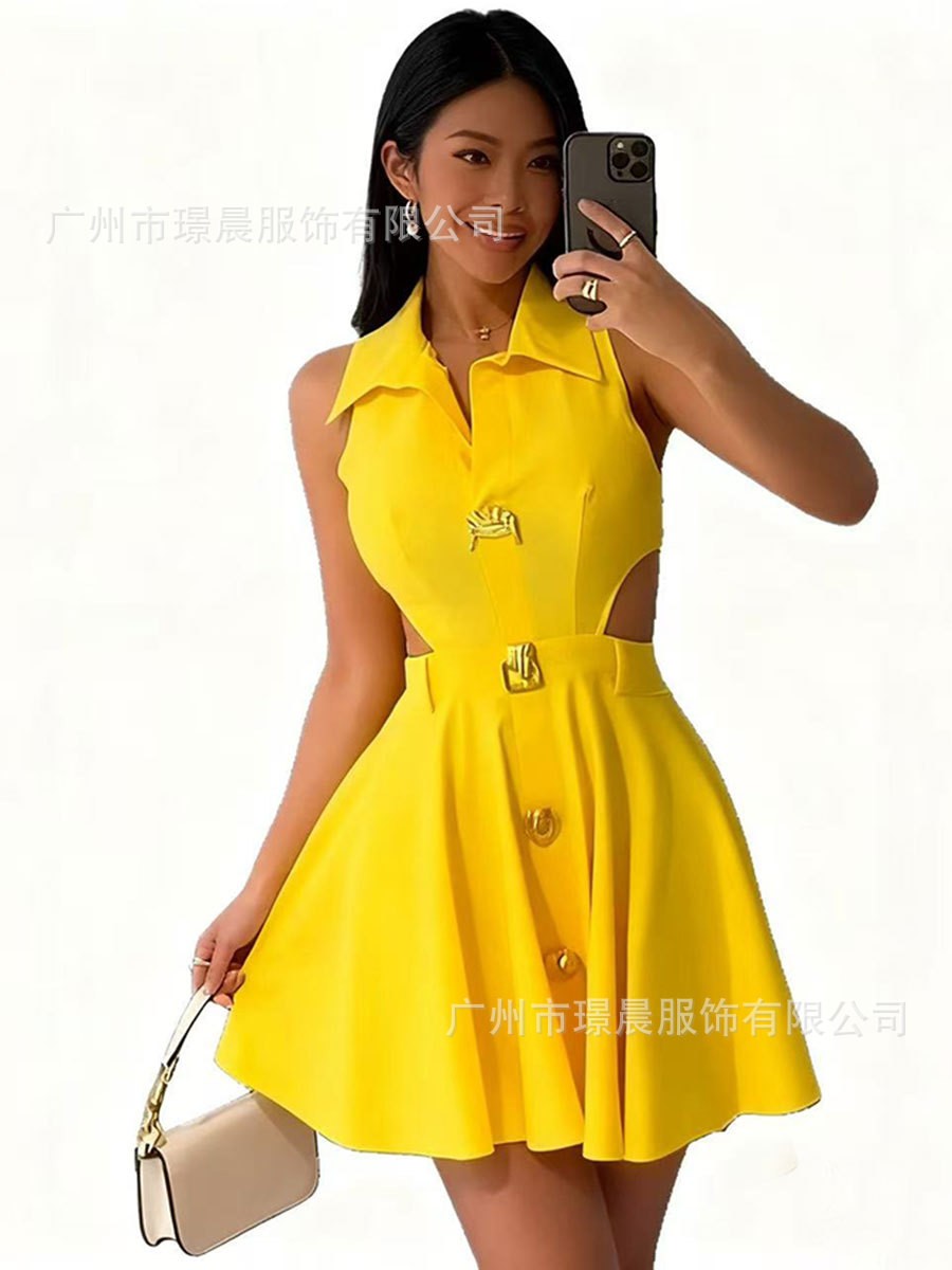 Sexy Hollow Out Sleeveless Dresses For Women Fashion Elegant Solid Lapel French Dress Summer Office A-line Robe Femme Black